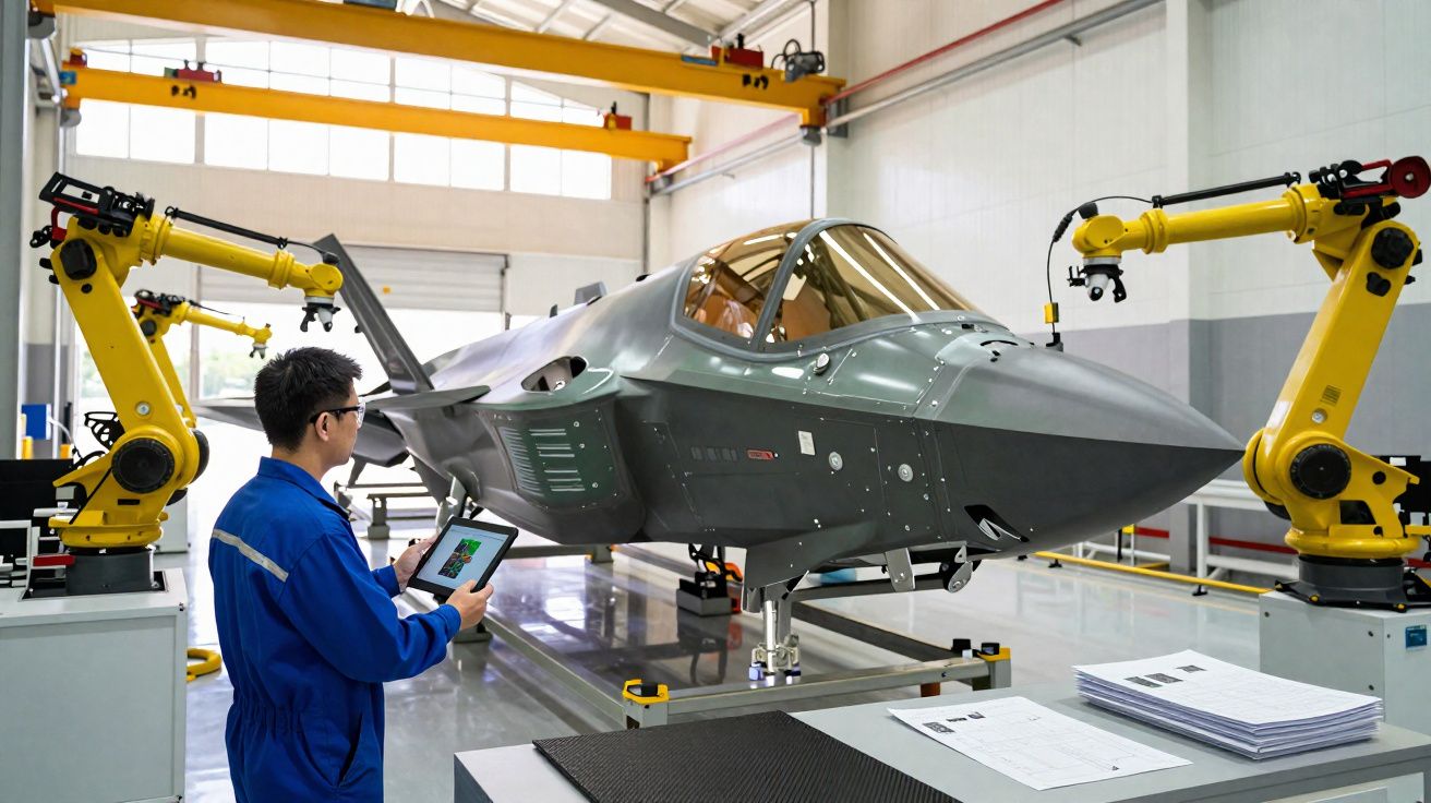 Homem com tablet controla braços robóticos na montagem de uma aeronave militar numa fábrica.