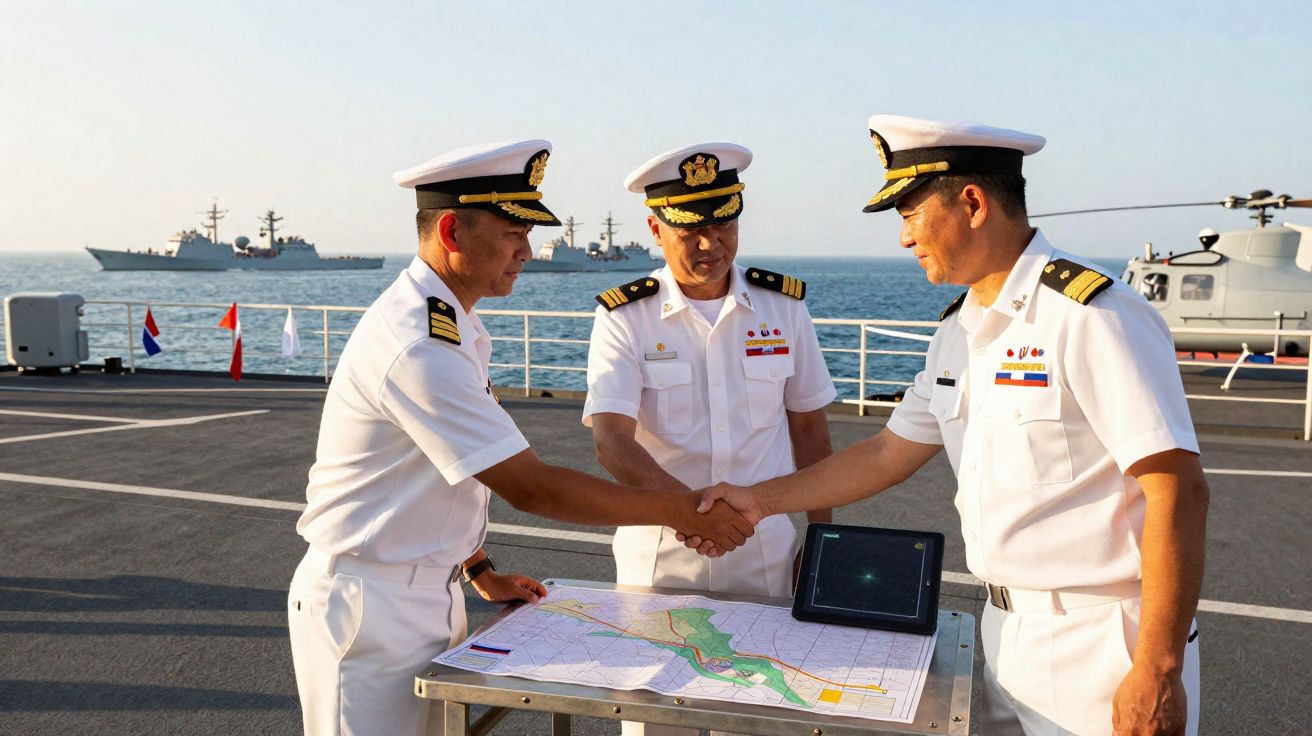 Três oficiais navais em convés de navio militar apertam as mãos junto a mapa e equipamentos, com mar e navios ao fundo.