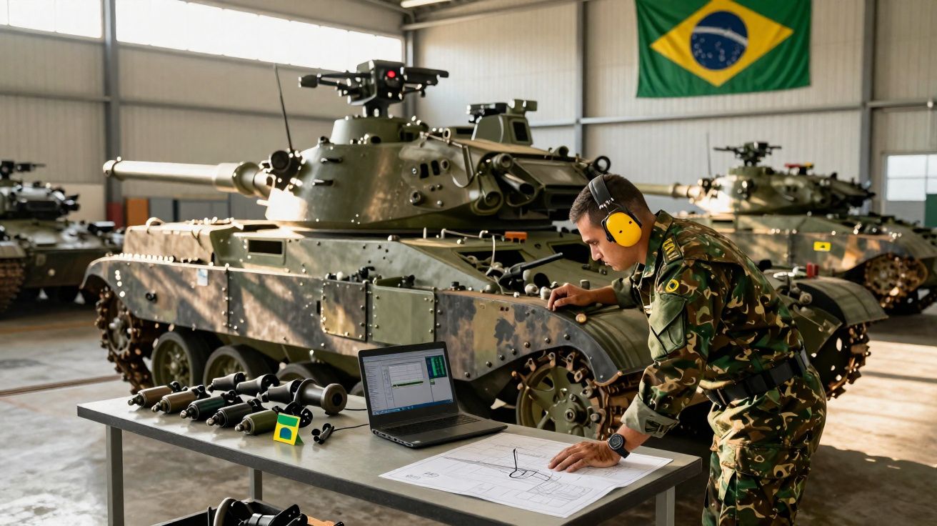 Soldado brasileiro em farda camuflada junto a tanque militar e mesa com computador e equipamentos num hangar.