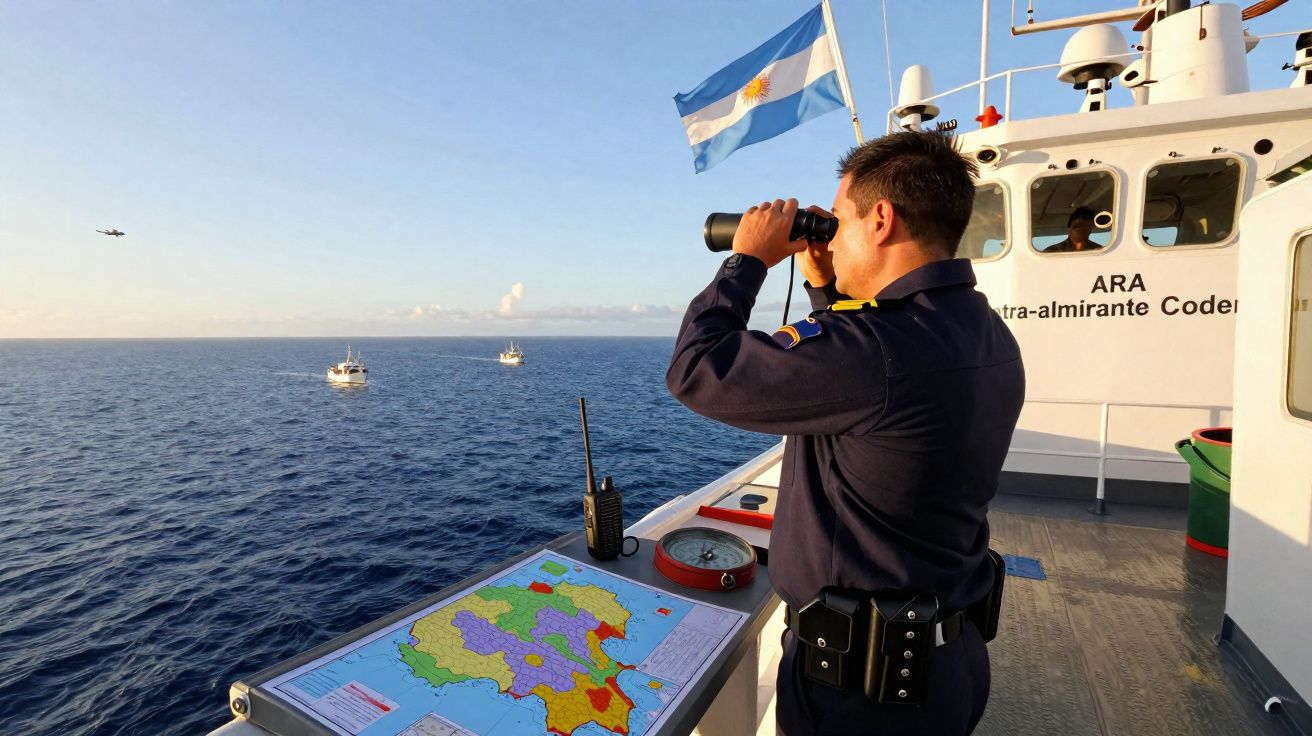 Oficial naval argentino observa com binóculos no convés do navio com mapa e bússola, com mar e barcos ao fundo.