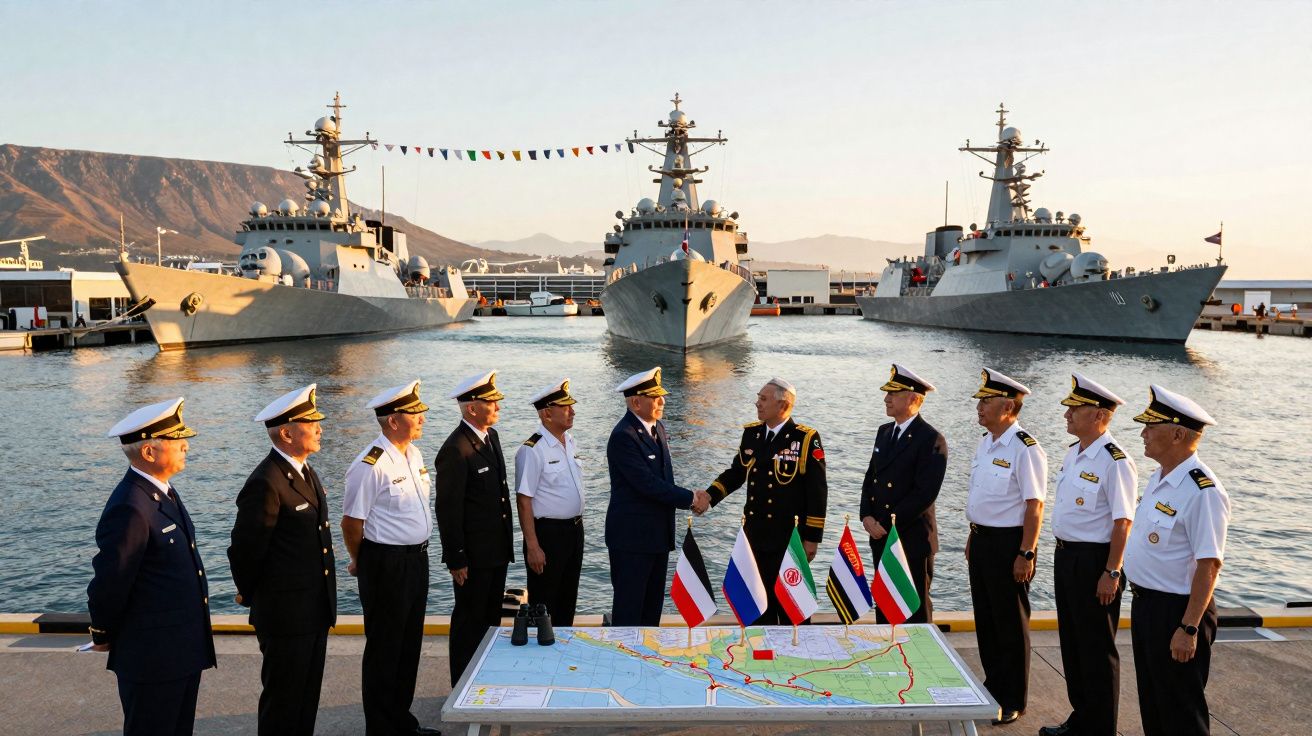 Oficiais navais de vários países cumprimentam-se junto a mapa e três navios de guerra atracados ao pôr-do-sol.