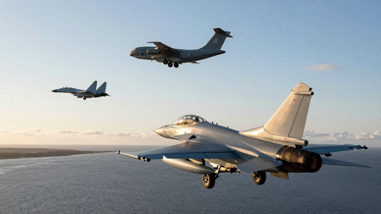 Três aviões militares em voo sobre o mar ao pôr do sol, com céu claro e horizonte visível.