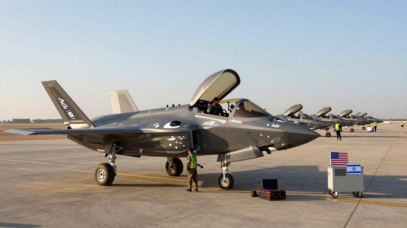 Caça militar cinzento estacionado na pista com técnicos e bandeiras dos EUA e Israel visíveis.