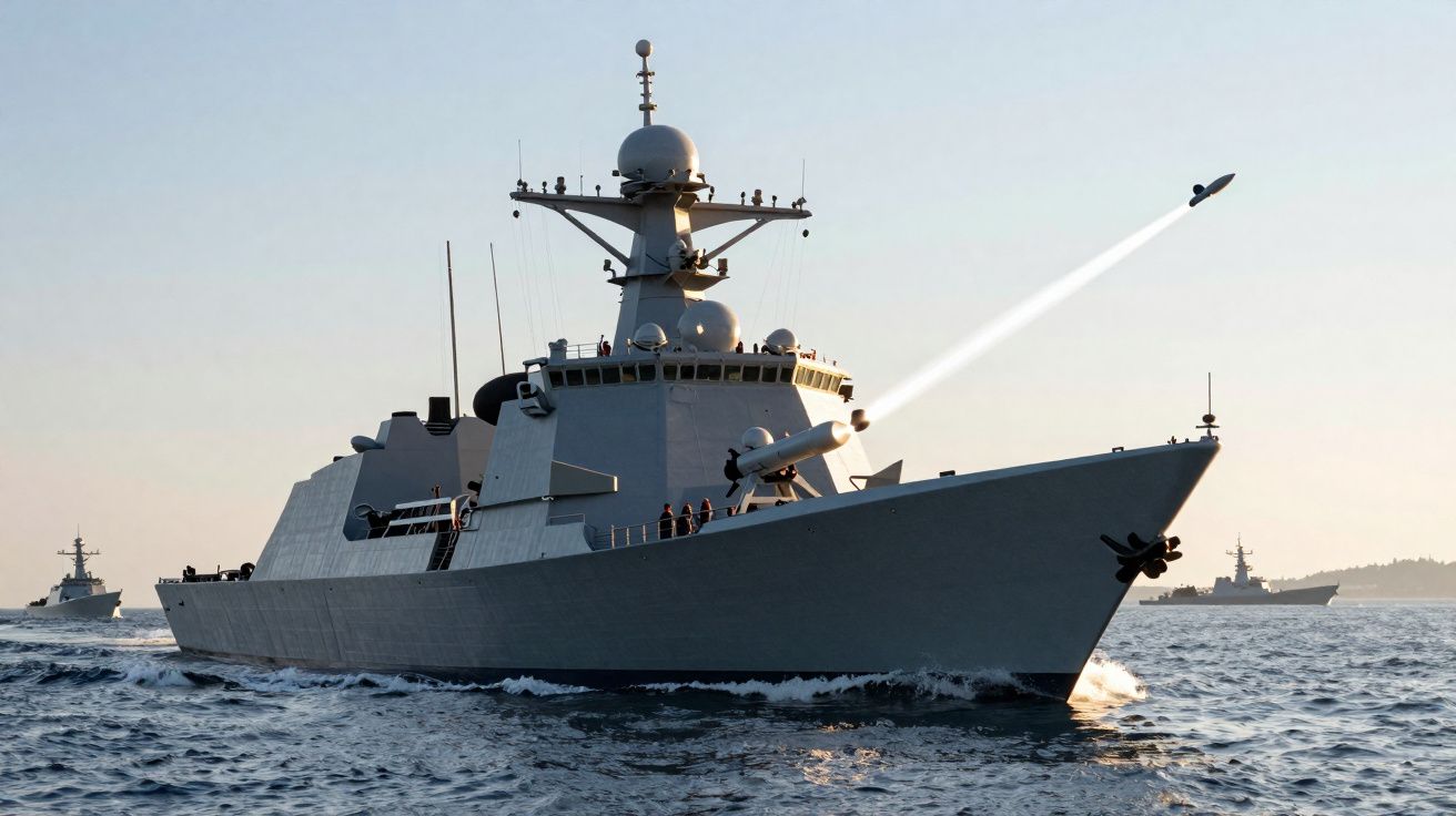 Navio militar cinzento a disparar míssil no mar durante o dia com outros navios ao fundo.