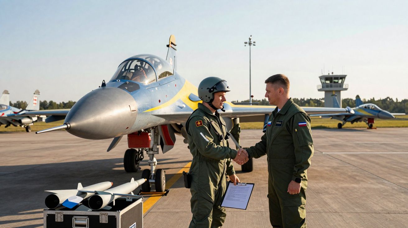 Dois pilotos militares apertam as mãos em pista de aeroporto junto a jato de combate estacionado.