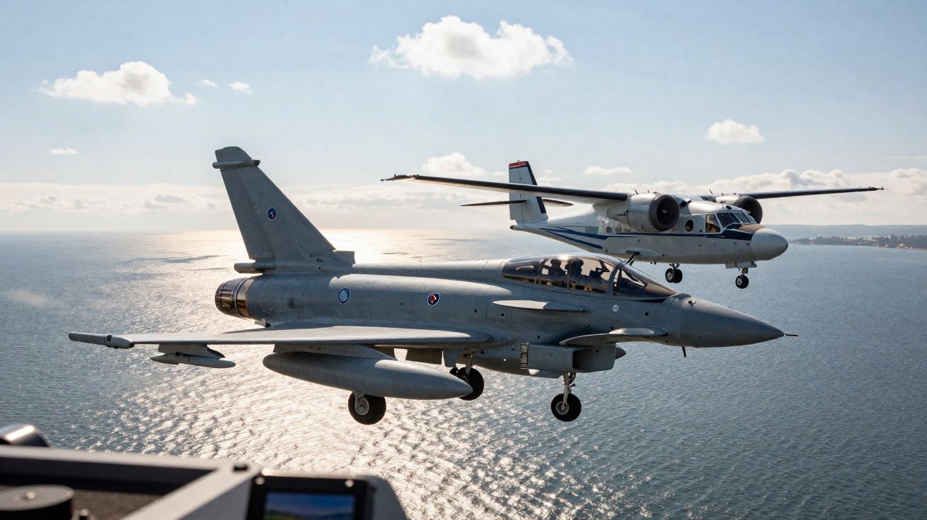 Aviões militares voando sobre o mar num dia com céu limpo e algumas nuvens.