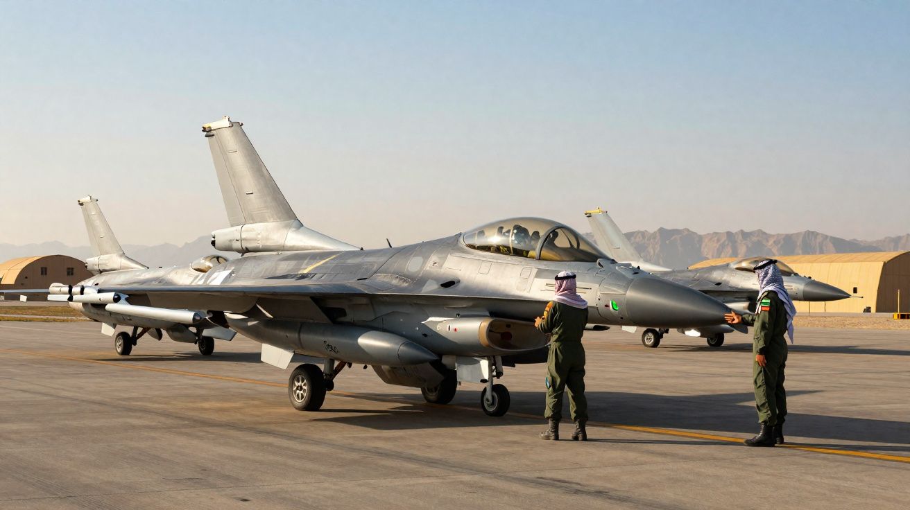 Dois pilotos em uniforme árabe inspecionam jato militar estacionado na base aérea com montanhas ao fundo.