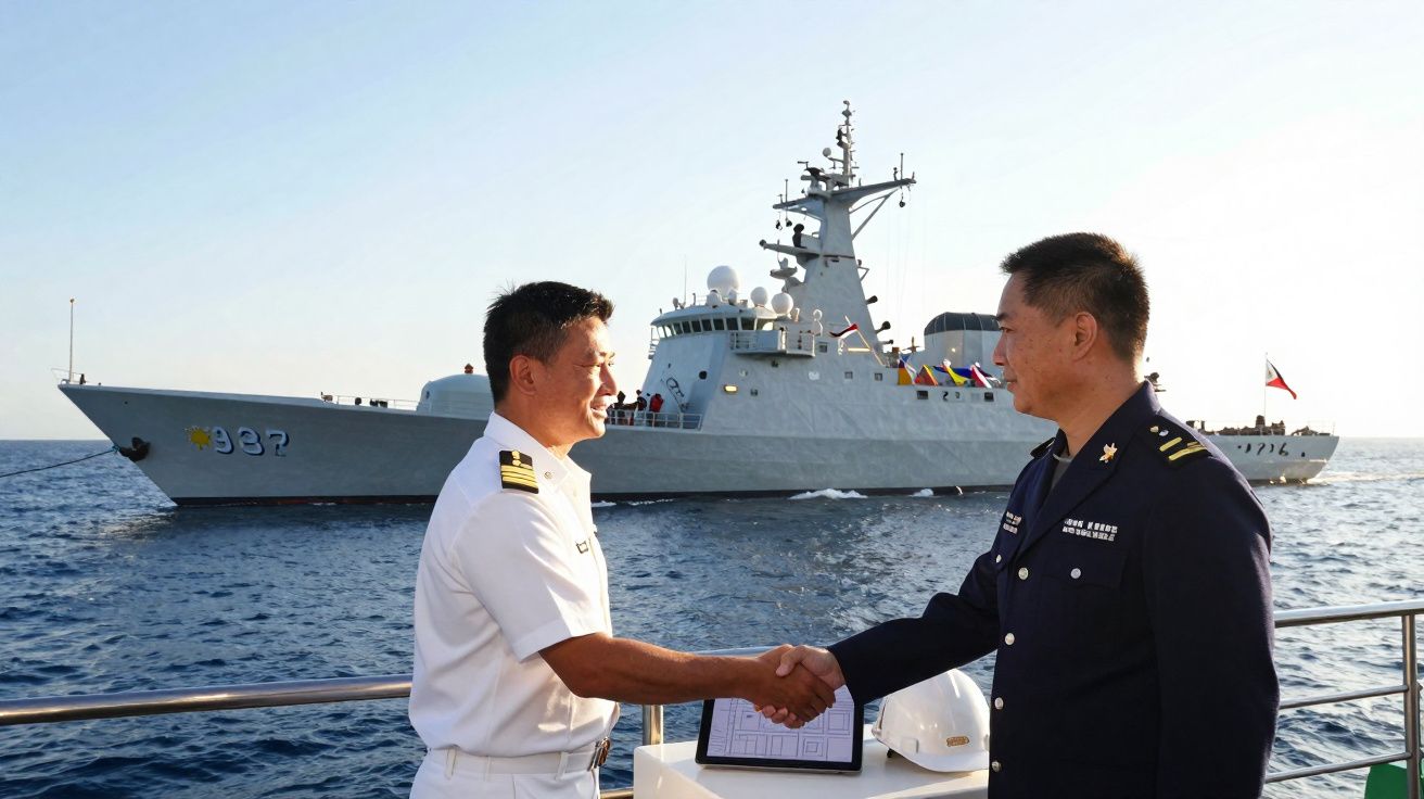 Dois oficiais navais chineses apertam as mãos a bordo com um navio de guerra ao fundo.