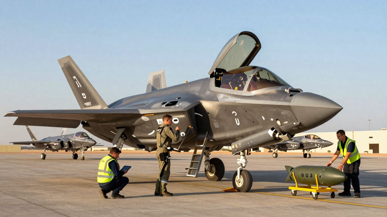 Caça F-35 no solo com técnicos militares a realizar inspeções e transporte de munições num aeroporto militar.