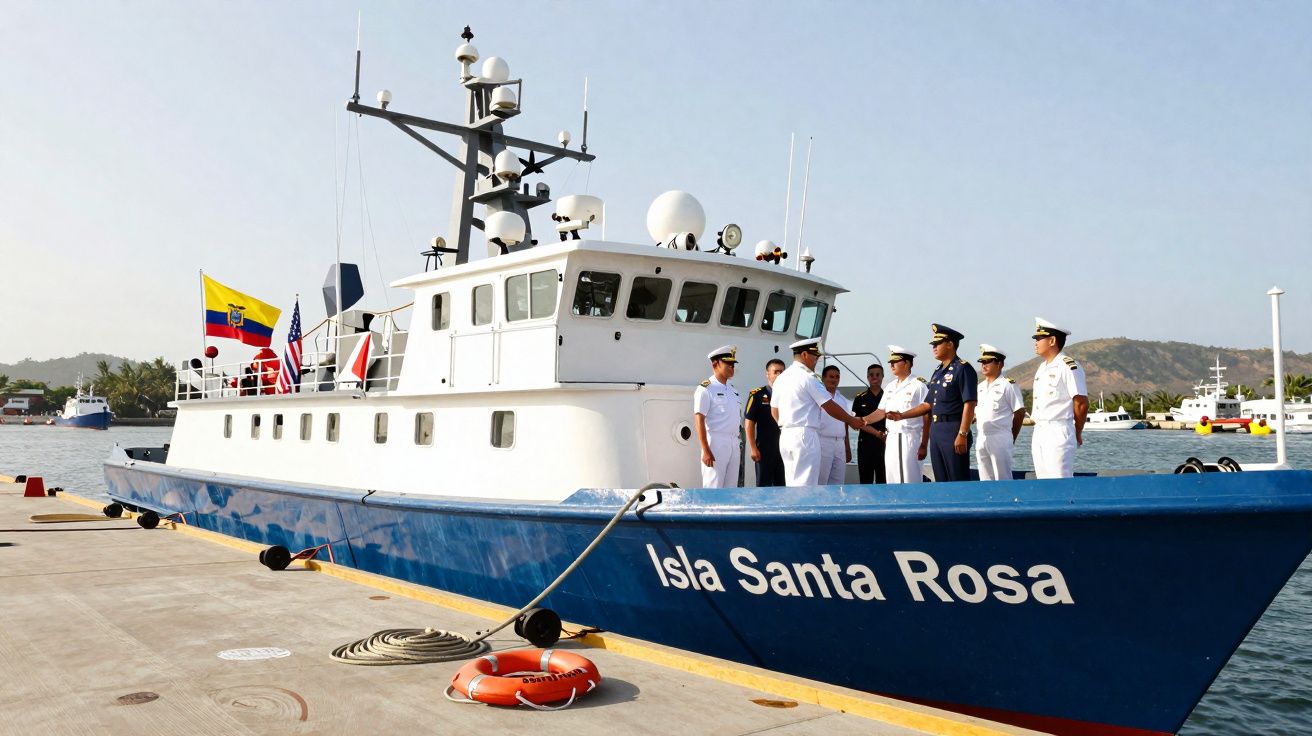 Navio Isla Santa Rosa atracado com militares em uniforme branco a cumprimentarem-se no convés.