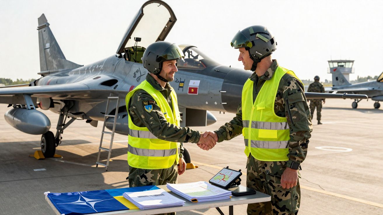 Dois militares com coletes reflexivos cumprimentam-se junto a um caça num aeroporto militar.
