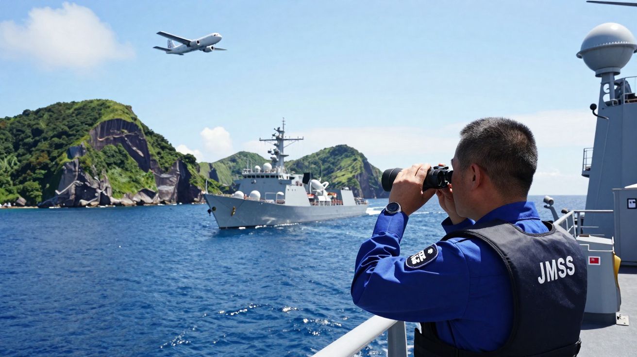 Militar observa navio de guerra com binóculos no mar perto de ilha, com avião a voar no céu.