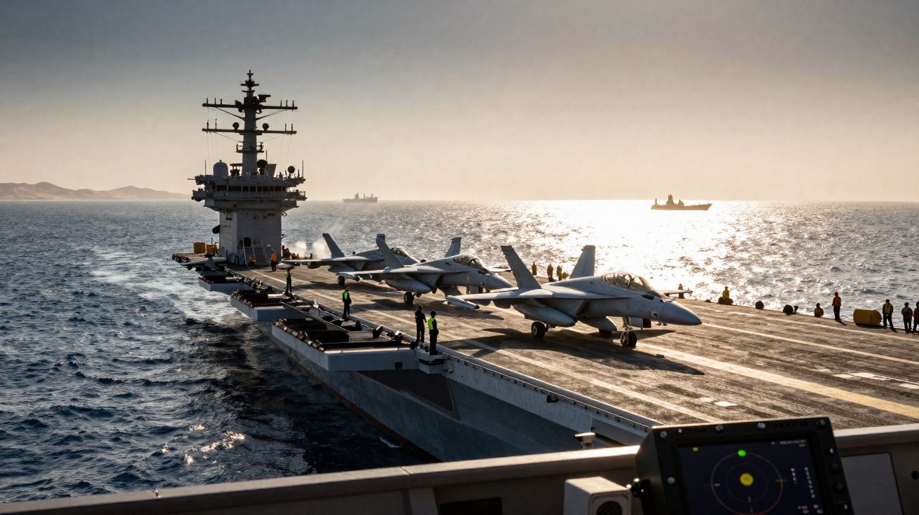 Porta-aviões no mar com quatro caças na pista e tripulação a bordo durante pôr do sol.