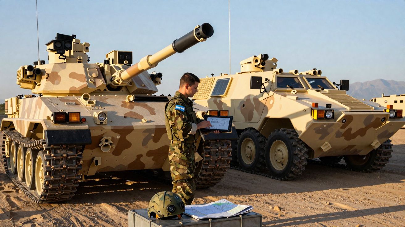 Soldado com farda camuflada e tablet entre tanque e veículo blindado de cor bege camuflada em terreno árido.