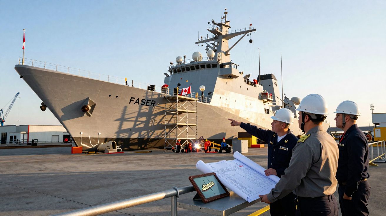 Navio militar FASER ancorado no porto com três oficiais a examinar plantas e discutir o projeto.