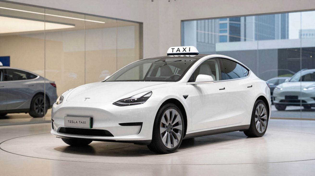 Carro elétrico Tesla branco convertido em táxi, exposto em showroom moderno com vidro e outros carros ao fundo.
