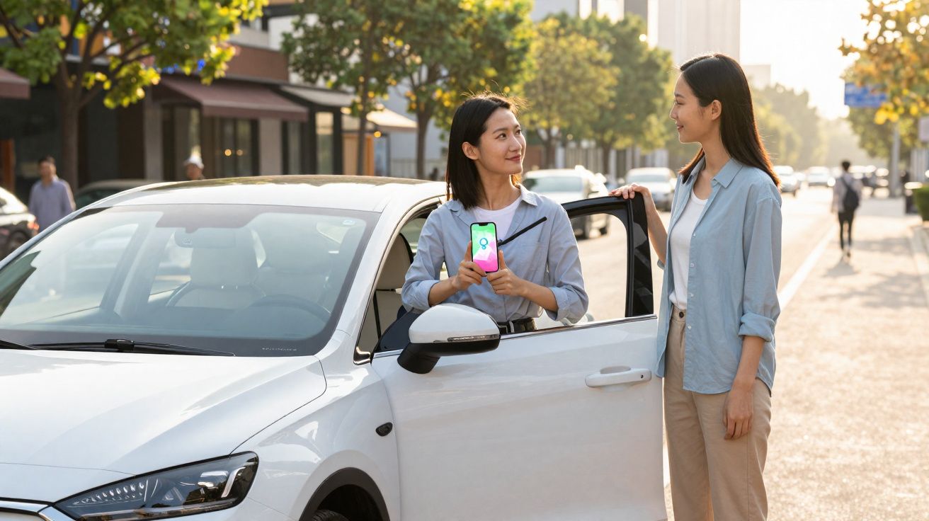 Duas mulheres junto a um carro branco, uma mostra uma aplicação no telemóvel à outra numa rua ensolarada.