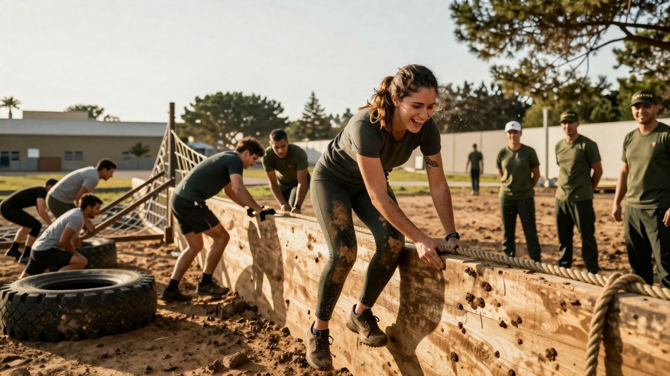 Pessoa a escalar um obstáculo de madeira num treino militar ao ar livre, com várias pessoas a assistir e ajudar.