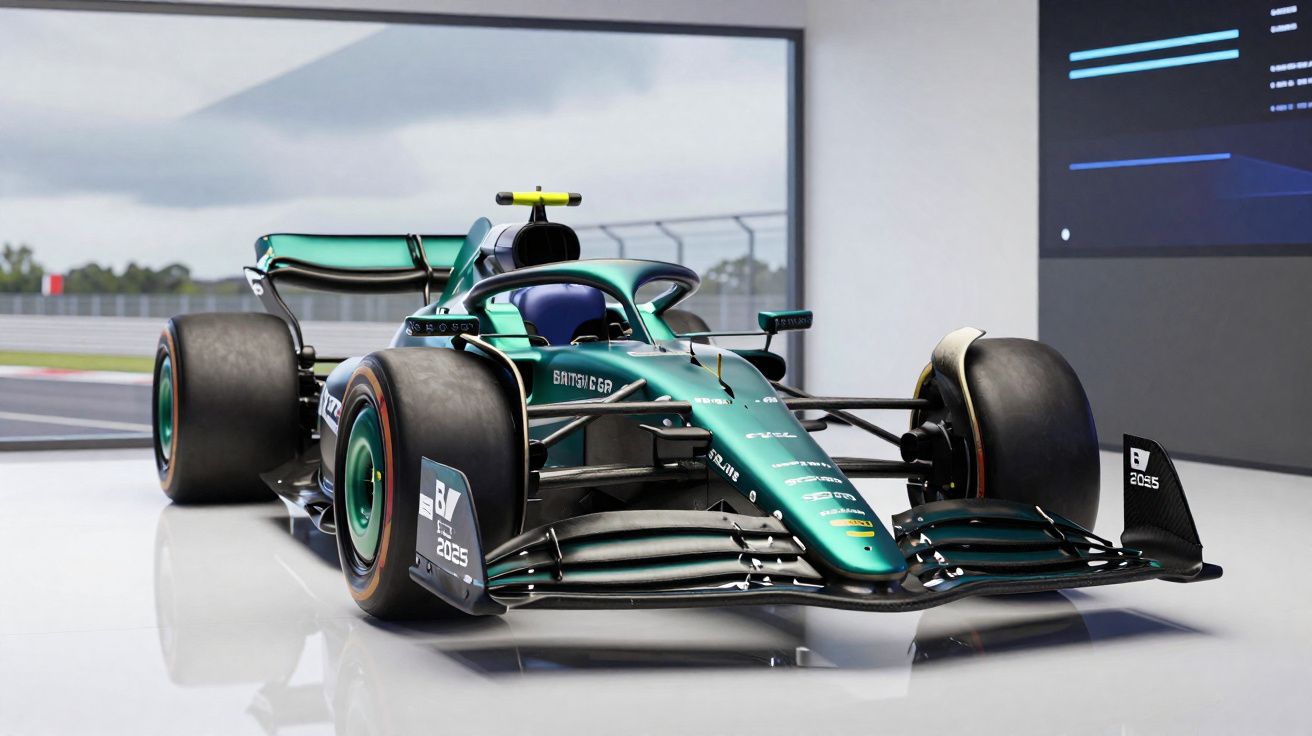 Carro de Fórmula 1 verde escuro em exibição num espaço interior com monitores digitais ao fundo.