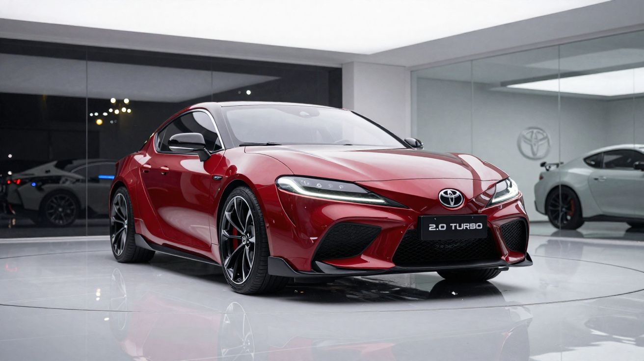 Carro desportivo Toyota vermelho 2.0 Turbo estacionado em showroom moderno com chão espelhado.
