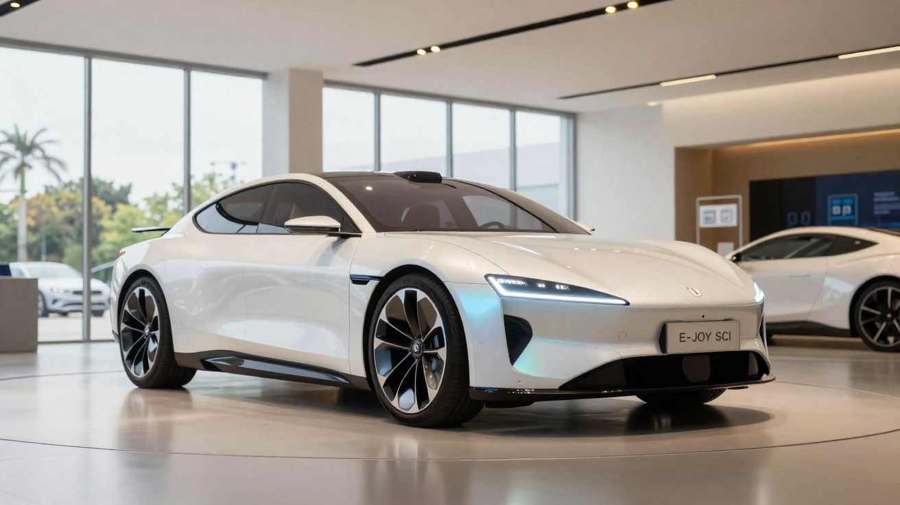 Carro elétrico desportivo branco futurista exposto num salão moderno com jantes grandes e luzes LED.