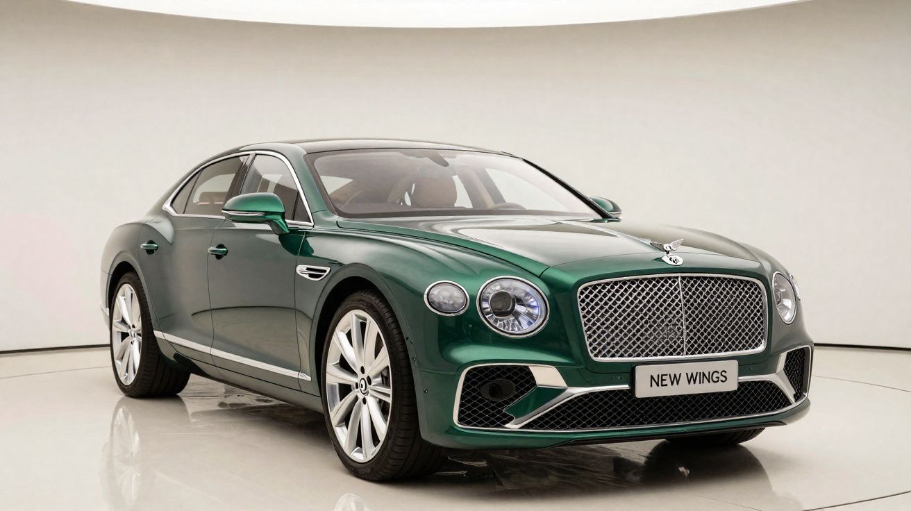 Carro desportivo verde metálico Bentley estacionado em estúdio com fundo branco.
