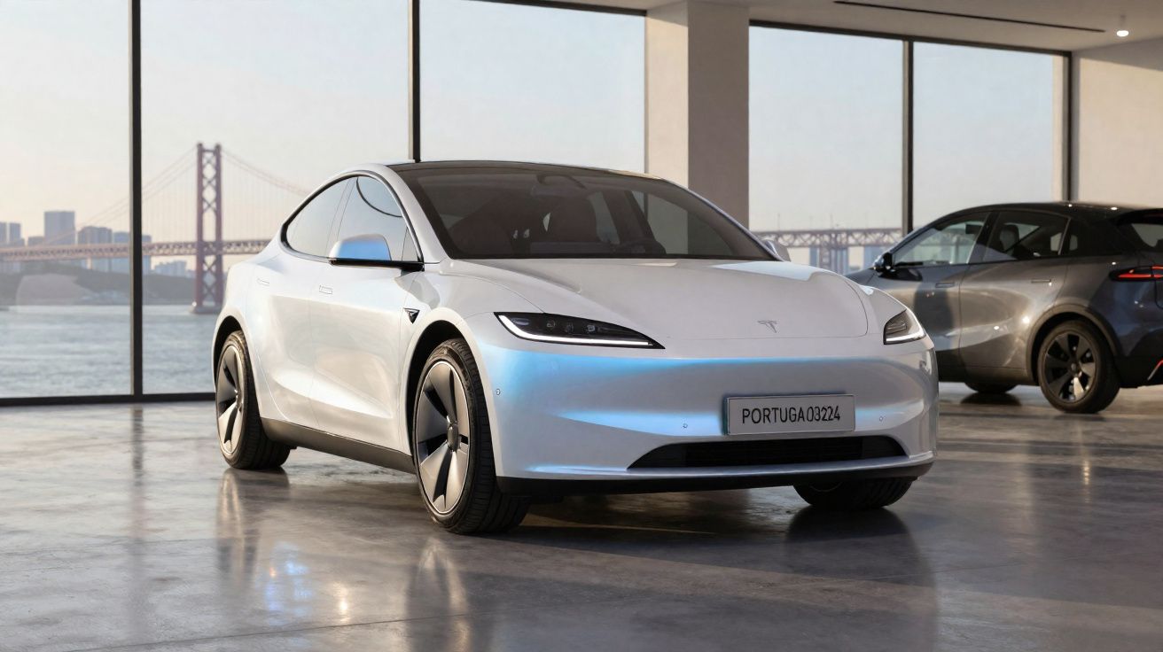 Carro elétrico branco Tesla Estacionado em espaço fechado com vista para ponte e rio ao fundo.