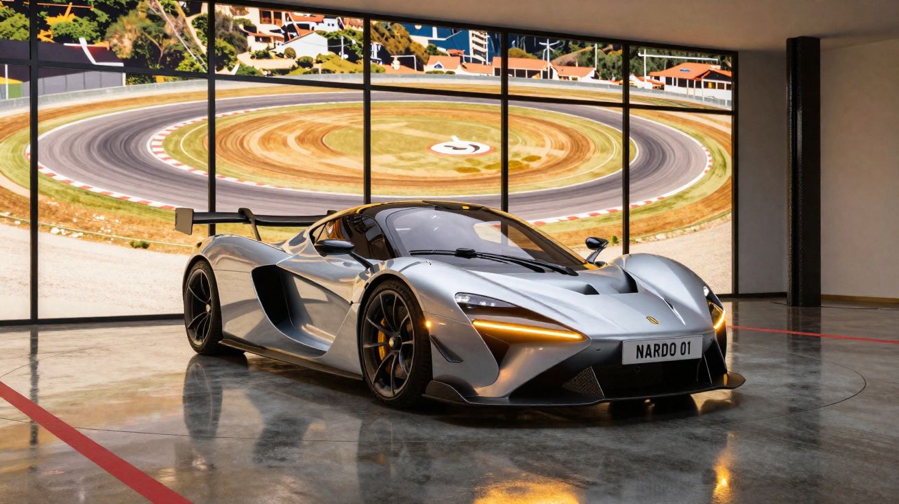 Carro desportivo cinzento estacionado em garagem com vista para pista de corrida circular ao fundo.