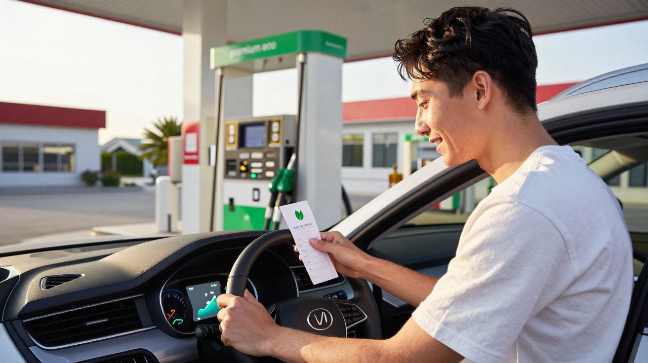 Homem jovem sentado na viatura, sorrindo e segurando uma folha de papel numa bomba de combustível.