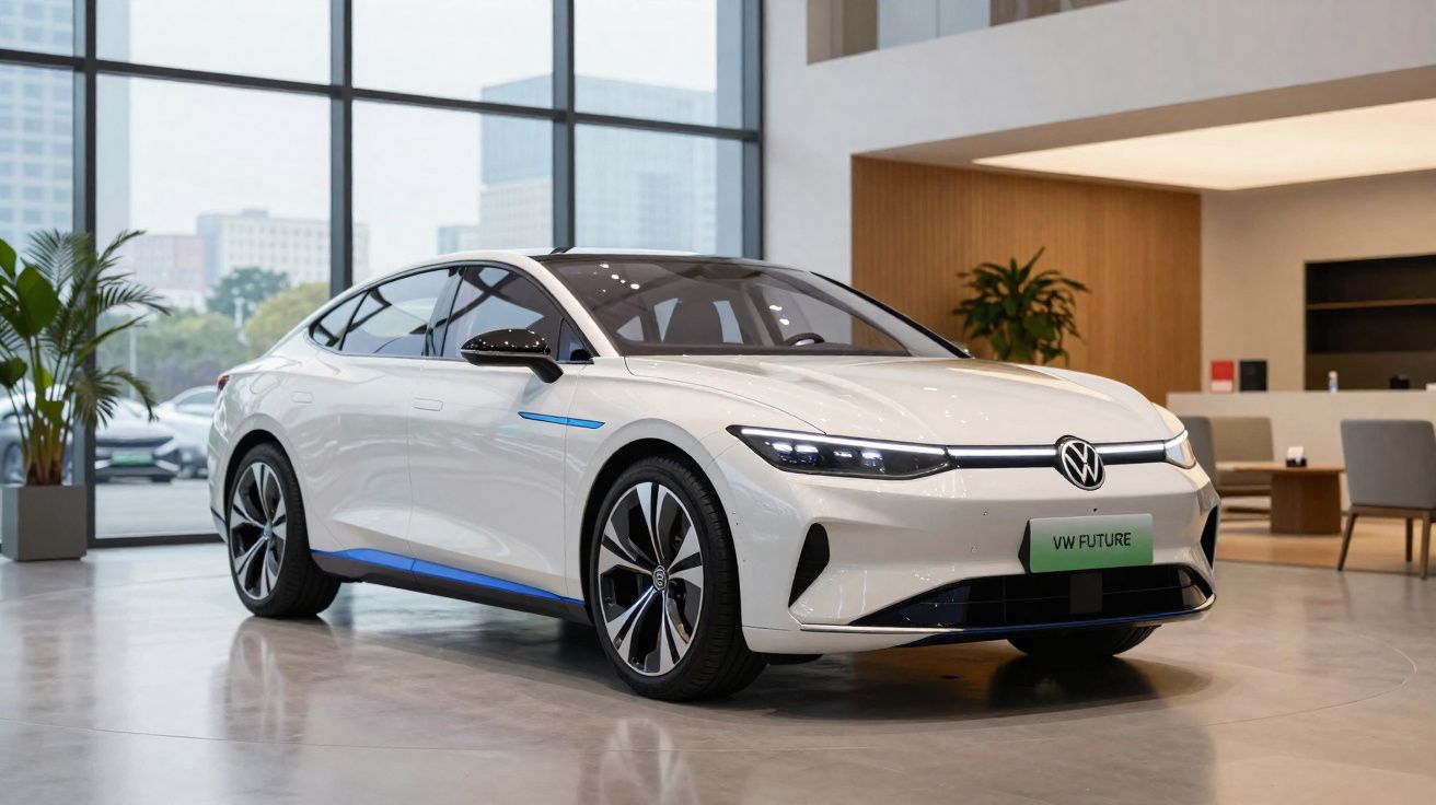 Carro elétrico branco Volkswagen numa exposição interior moderna com janelas amplas e plantas decorativas.