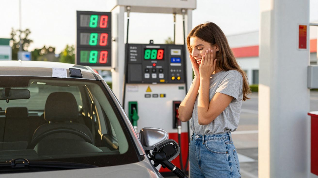 Jovem surpreendida com preço elevado ao abastecer carro numa bomba de gasolina ao final do dia.