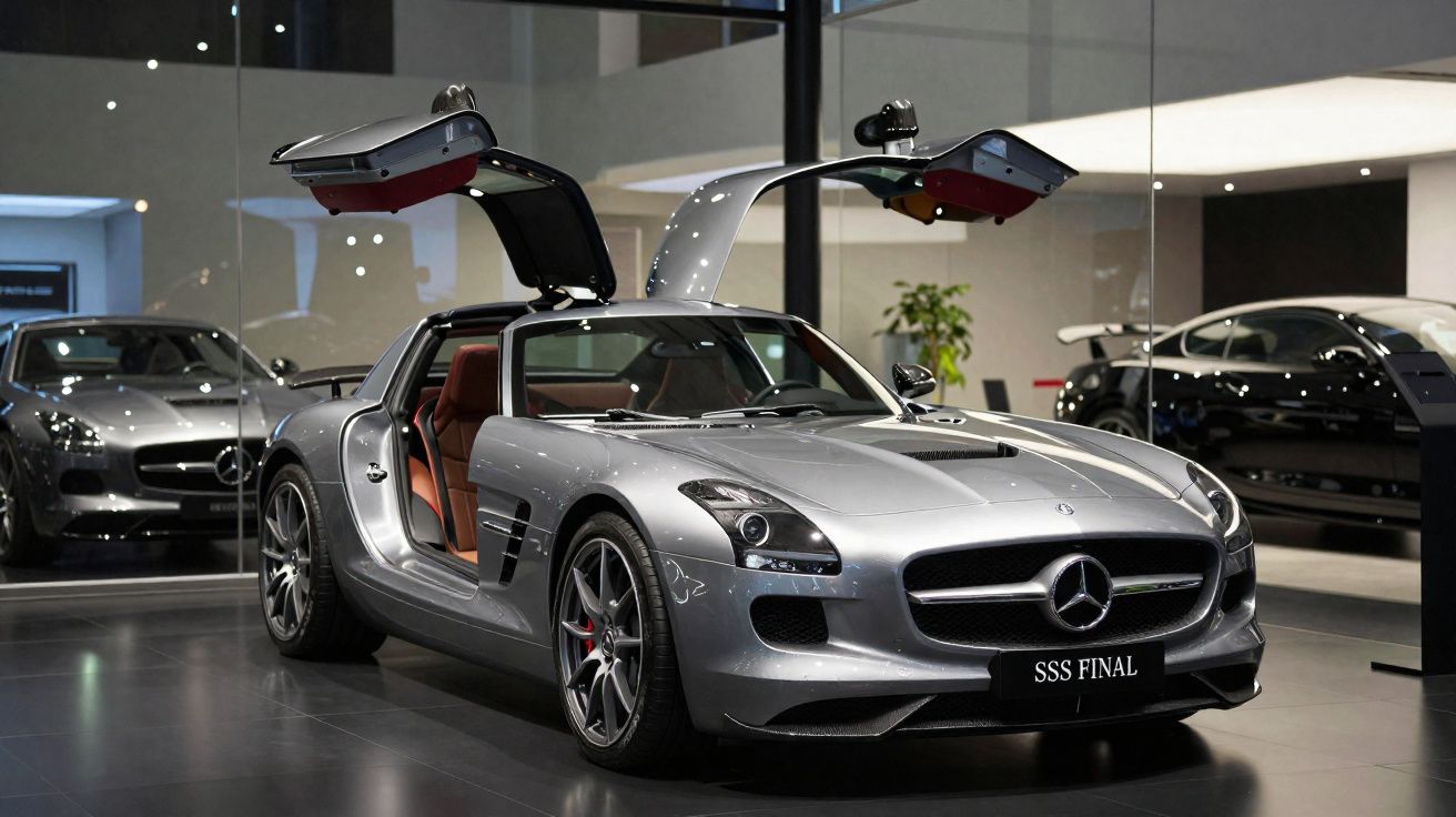 Carro desportivo Mercedes-Benz prata com portas abertas em estilo asas de gaivota numa exposição interior.