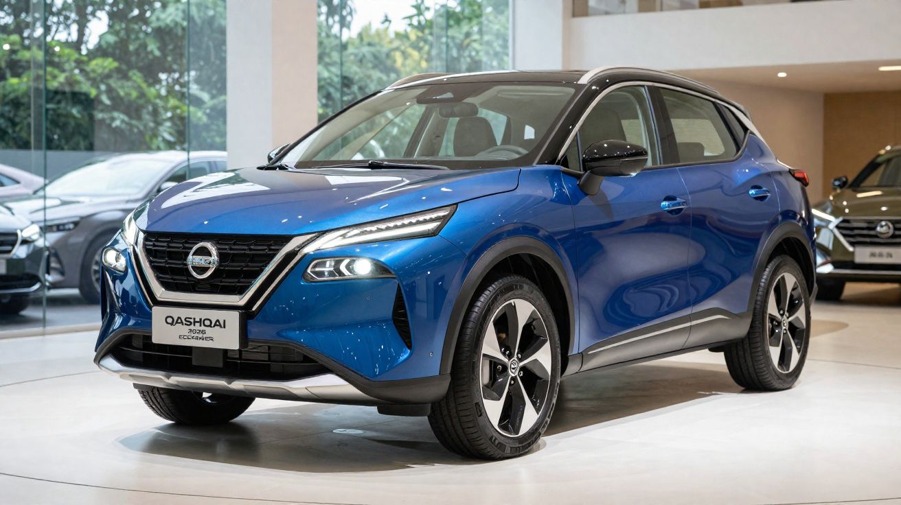 Carro SUV Nissan Qashqai azul exposto em showroom moderno com iluminação natural.