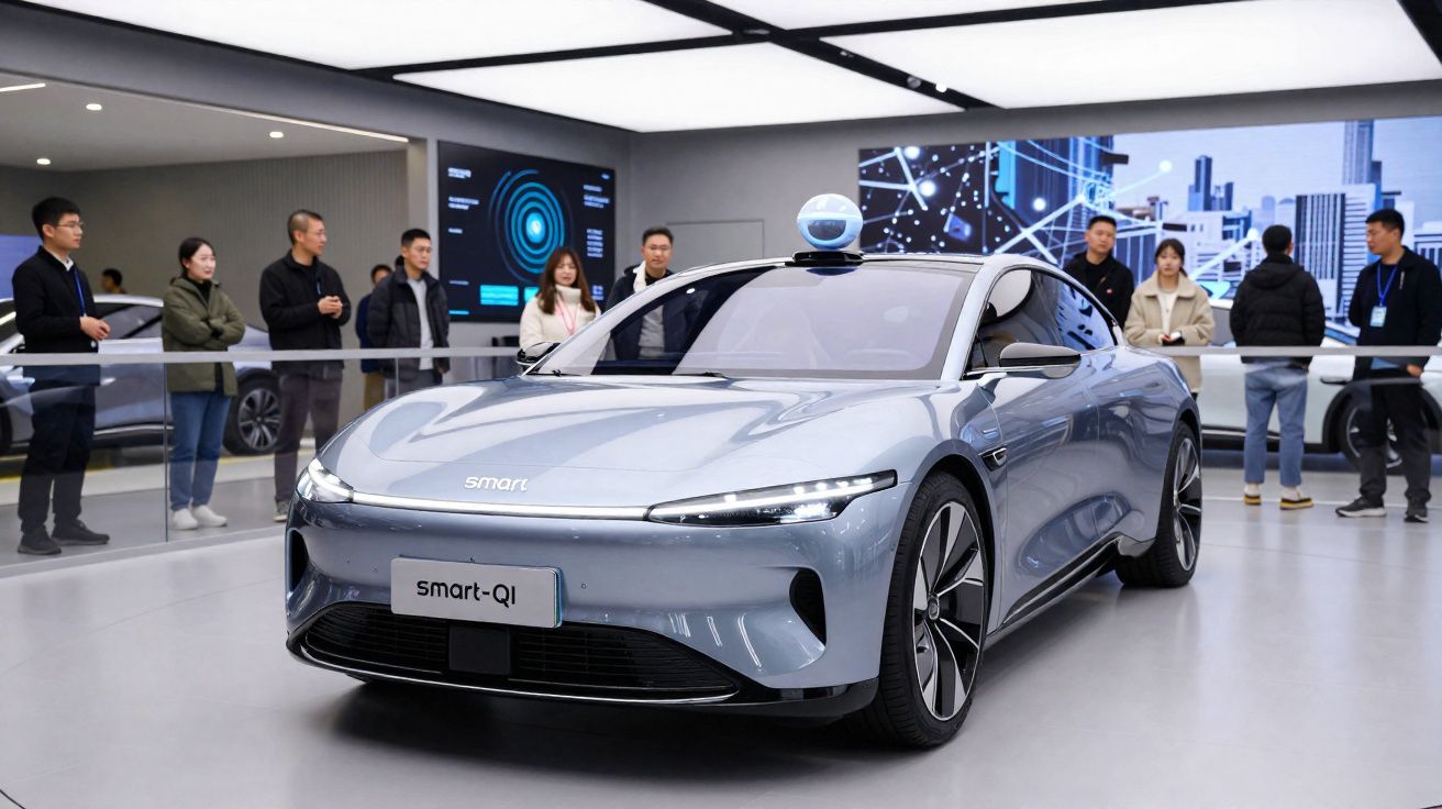 Carro elétrico autónomo Smart-Qi exposto em evento com pessoas observando ao fundo.