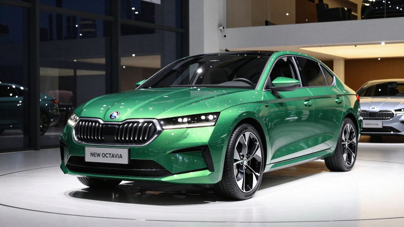 Carro verde metálico modelo New Octavia em exposição num salão automóvel moderno.