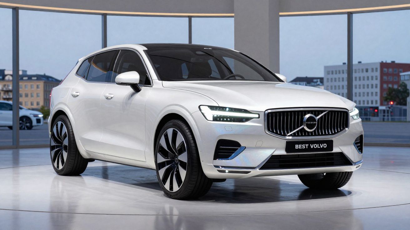 Carro Volvo branco moderno em exposição num showroom elegante com chão refletor e janelas amplas.