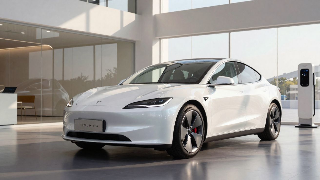 Carro elétrico Tesla branco estacionado dentro de salão moderno com carregador elétrico ao lado.