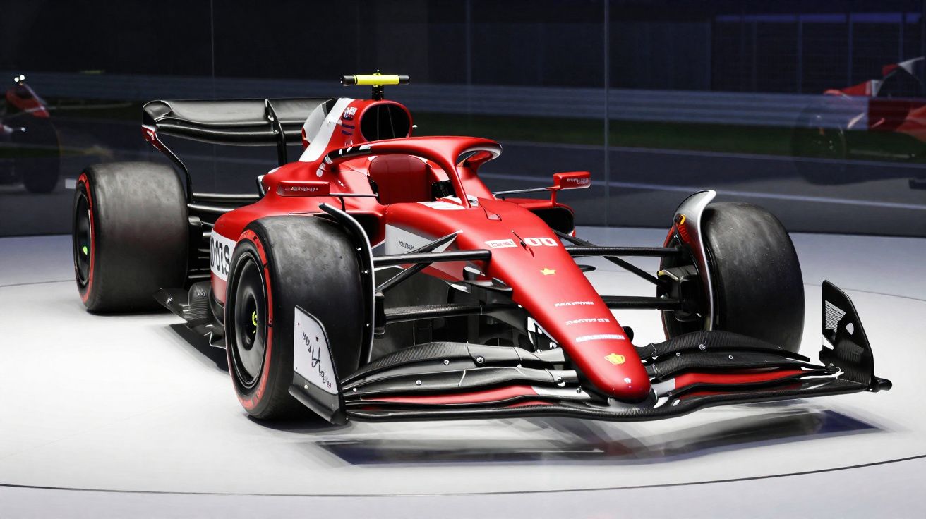 Carro de Fórmula 1 vermelho em exposição, com design aerodinâmico e pneus slick largos.