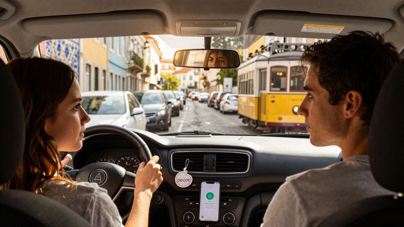 Interior de um carro com duas pessoas, vista para rua com elétrico amarelo a passar e viaturas estacionadas.