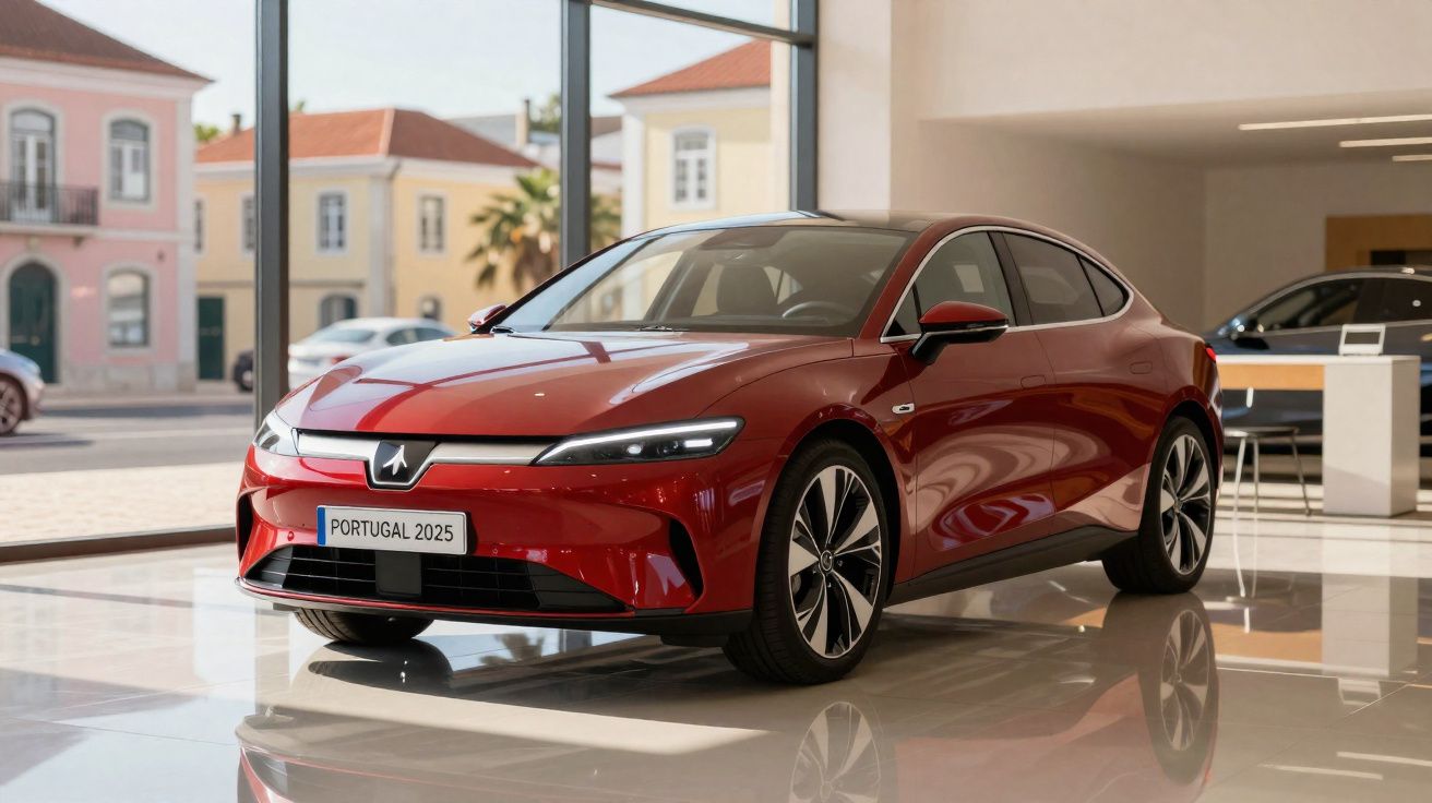 Carro elétrico vermelho moderno em exibição numa sala com grandes janelas e vista urbana.