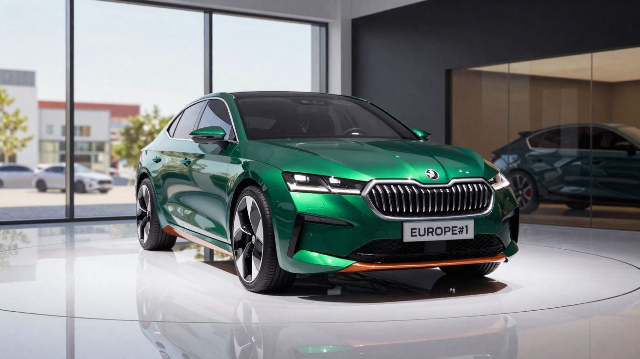 Carro desportivo verde metálico estacionado em salão moderno com janelas amplas e chão brilhante.