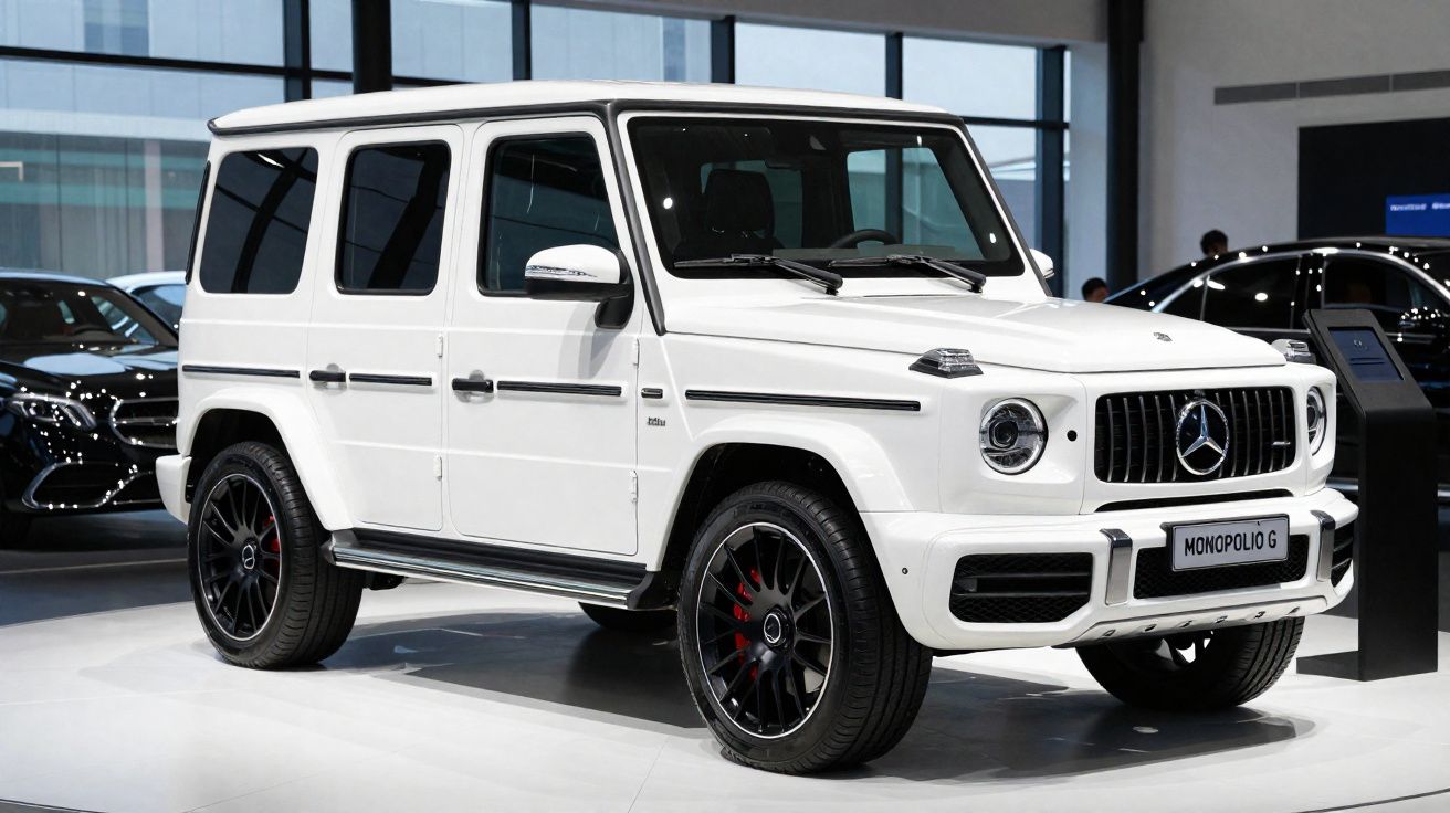 Veículo SUV branco Mercedes-Benz G-Class estacionado em salão de automóveis moderno.
