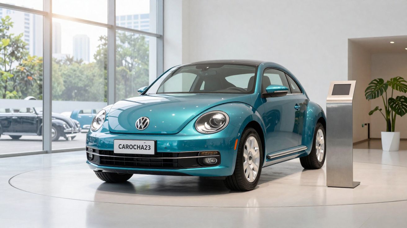Carro Volkswagen Beetle azul exposto em showroom moderno com grandes janelas e pedestal digital.