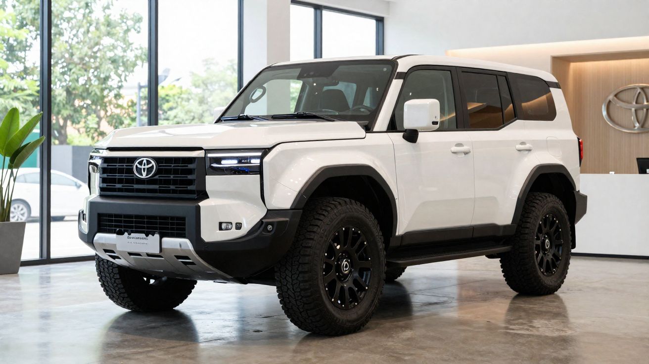 SUV Toyota branco estacionado em showroom moderno com grandes janelas e chão de cimento polido.