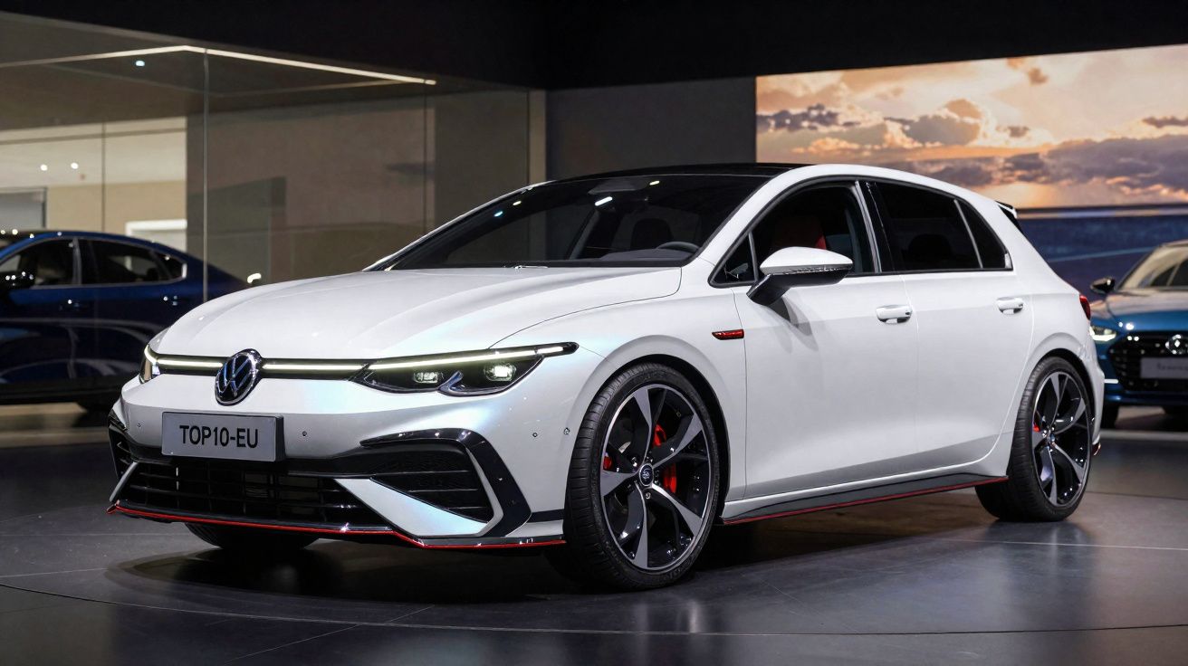 Carro desportivo branco Volkswagen com detalhes vermelhos exposto em salão automóvel.