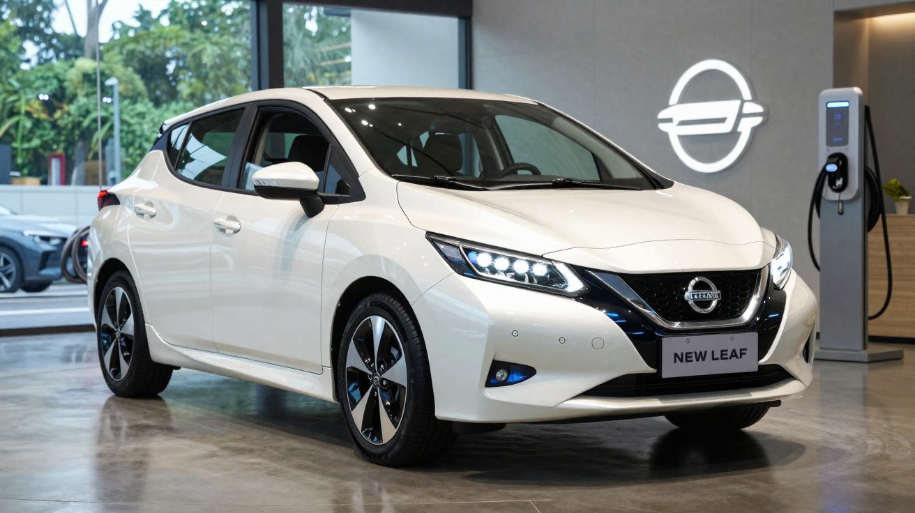 Carro elétrico branco Nissan New Leaf estacionado em showroom junto a posto de carregamento.