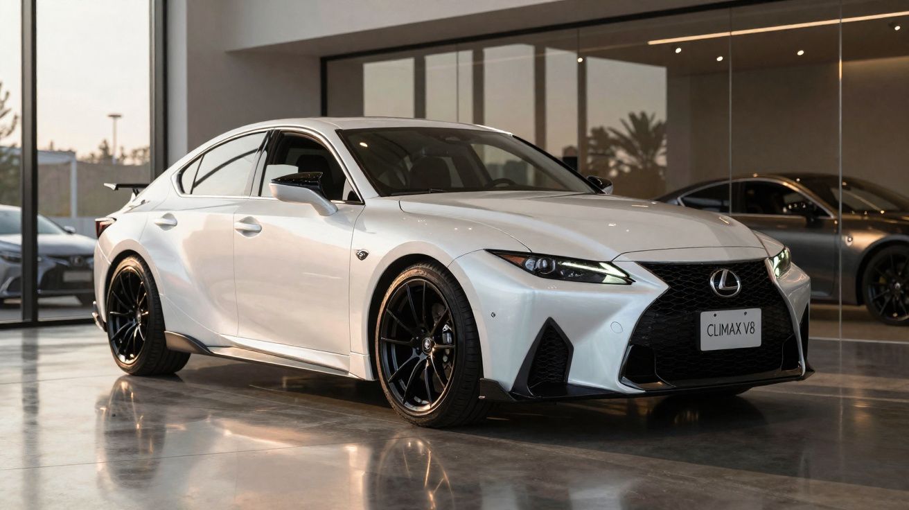 Carro desportivo Lexus branco estacionado em ambiente interno com piso refletivo e paredes de vidro.