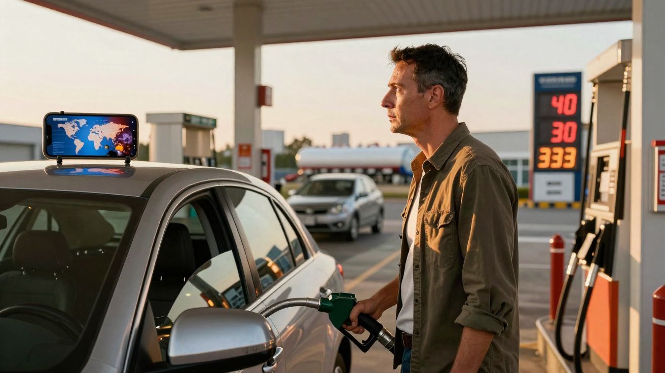 Homem a abastecer carro com gasolina numa estação de serviço ao pôr do sol.