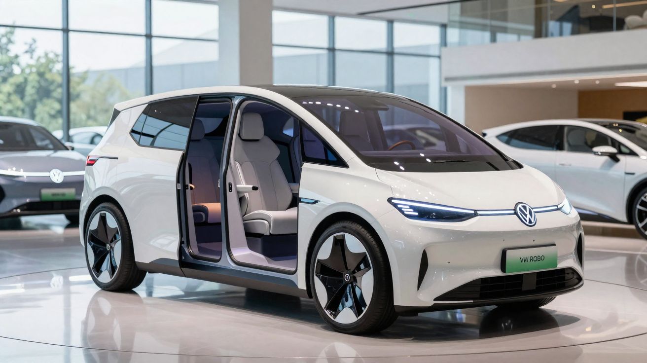 Carro elétrico branco Volkswagen ID. Buzz com portas traseiras deslizantes abertas em salão de automóveis moderno.