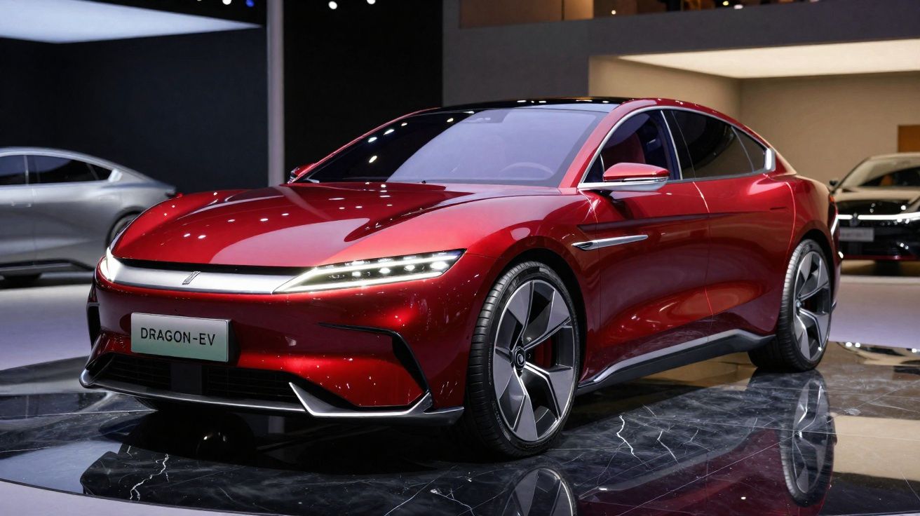 Carro elétrico vermelho metálico Dragon-EV em exposição com design moderno e elegante.